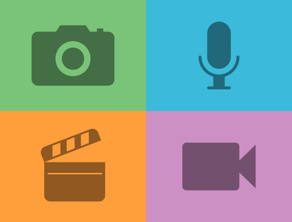 Die vier audiovisuellen Bereiche Fotografie, Ton, Film und Video.