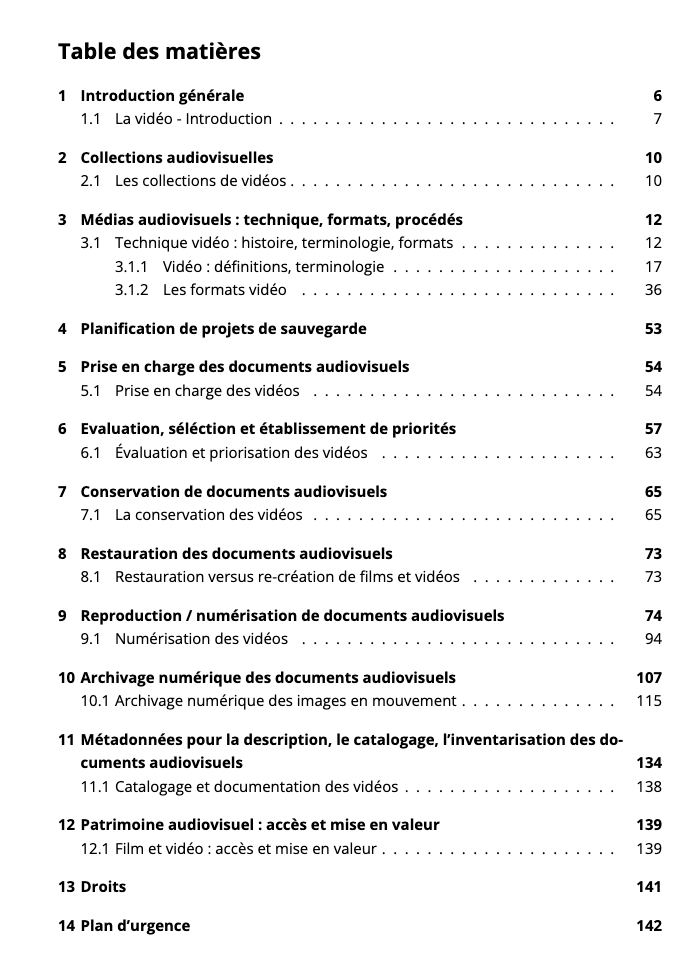table matières vidéo