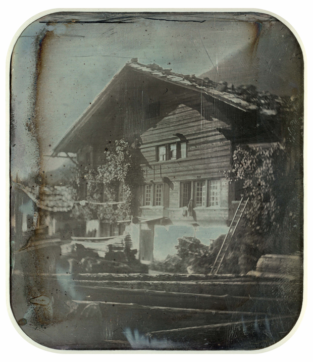 Maison d’habitation au-dessus de la scierie des tailleurs de pierre, sur la Steinmühlestrasse, Meiringen / Stein. [Vue inversée], GIRAULT de PRANGEY Joseph-Philibert, 1845 - 1850. Foto: Musée gruérien, Bulle